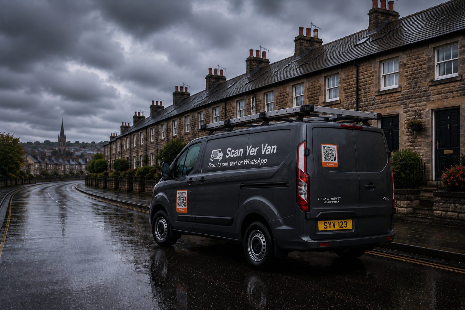 A work van with Scan Yer Van branding and QR stickers on a wet terraced street
